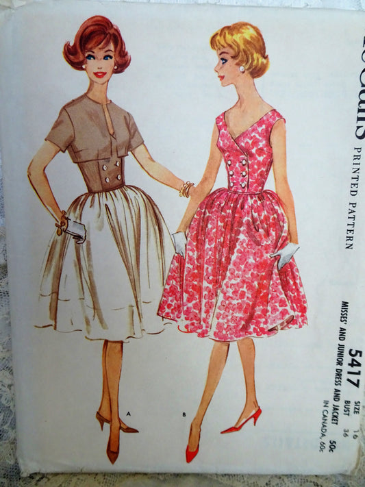 1960 LOVELY Dress and Shortie Jacket Pattern McCALLS 5417 Pretty V Neckline Day or Party Dress, Bust 36 Vintage Sewing Pattern