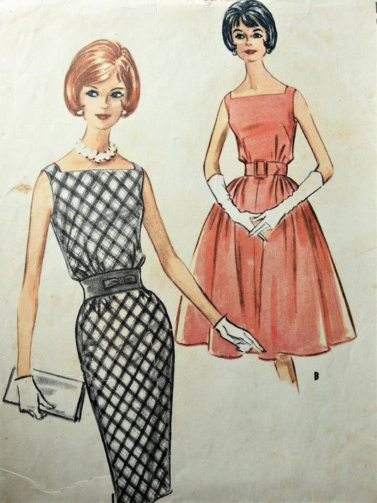 1960s Vintage CLASSIC Dress with Square Neckline and Slim or Full Skirt McCalls 5846 Sewing Pattern Bust 34