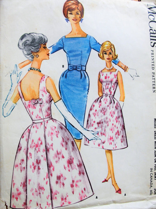 Early 60s GLAM Slim or Full Skirt Cocktail Party Dress Pattern McCALLS 5881 Low Back Beautiful Bell Skirted Dress or Sizzling Slim Bust 32 Vintage Sewing Pattern FACTORY FOLDED