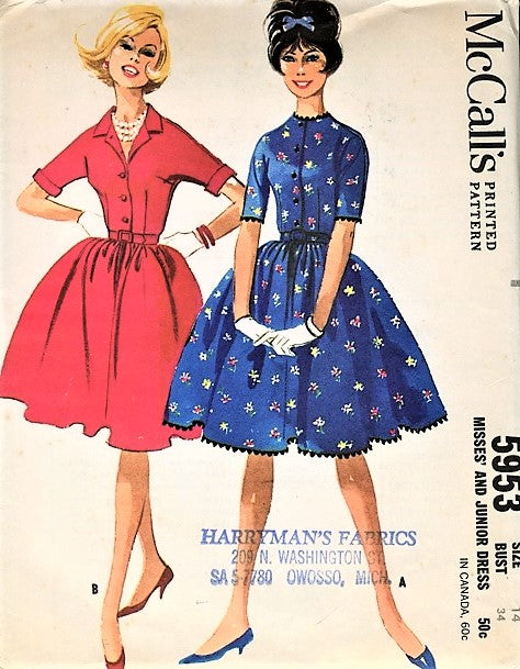 Early 1960s ROCKABILLY Shirtwaist Dress Pattern McCALLS 5953 Two Pretty Styles Day or After 5 Bust 32 Vintage Sewing Pattern