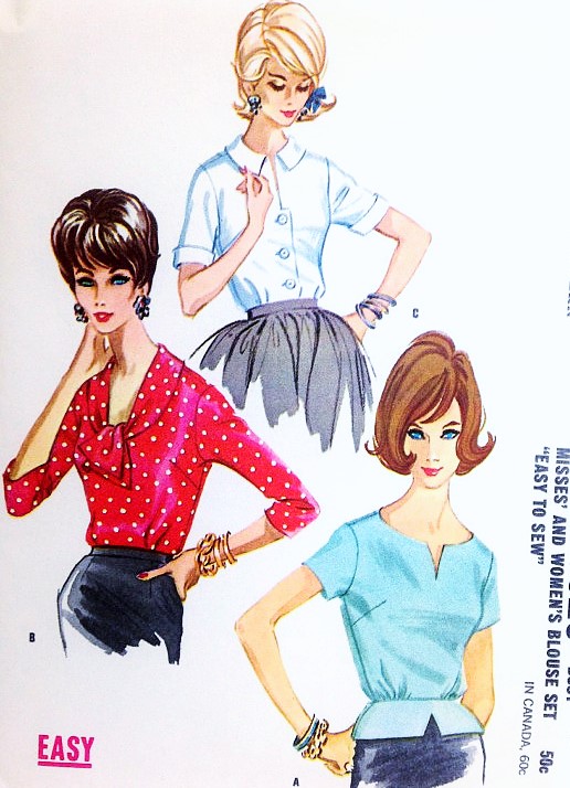 Early 1960s FABULOUS Blouse Set Pattern McCALLS 6020  Easy To Sew 3 Blouses,Peplum Overblouse ,V Neckline, Roll Tie Collar, Button Front Slit Neckline, Bust 36 Vintage Sewing Pattern FACTORY FOLDED