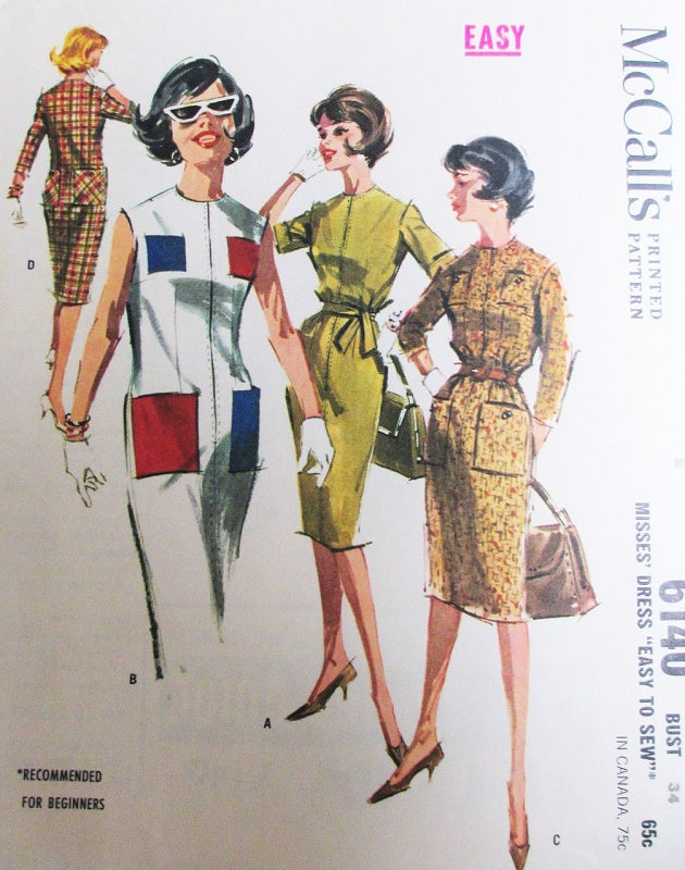 1960s Snappy Easy To Sew Sheath Dress Pattern McCALLS 6140 Front Zip 4 Style Versions Bust 34 Beginners Vintage Sewing Pattern