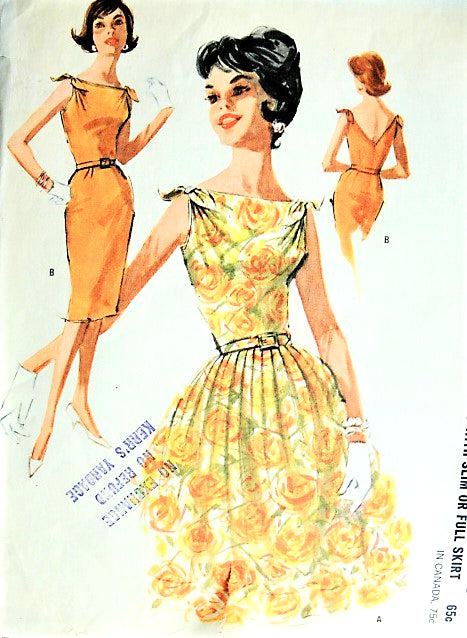 Early 60s ROCKABILLY Day or Evening Party Dress Pattern McCalls 6264 Tight Slim or Full Skirt Tie Shoulders V Back Bust 32 Vintage Sewing Pattern FACTORY FOLDED
