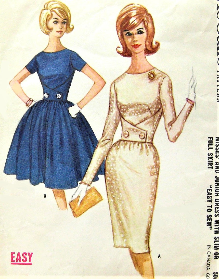 1960s CLASSY Slim or Full Skirt Dress Pattern McCALLS 6473 Wrap Waist Design Bust 34 Easy To Sew Vintage Sewing Pattern