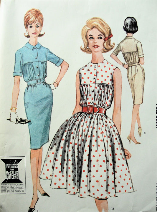 1960s Vintage STYLISH Dress with Gathered Bodice and Slim or Full Skirt McCalls 6767 Sewing Pattern Bust 32