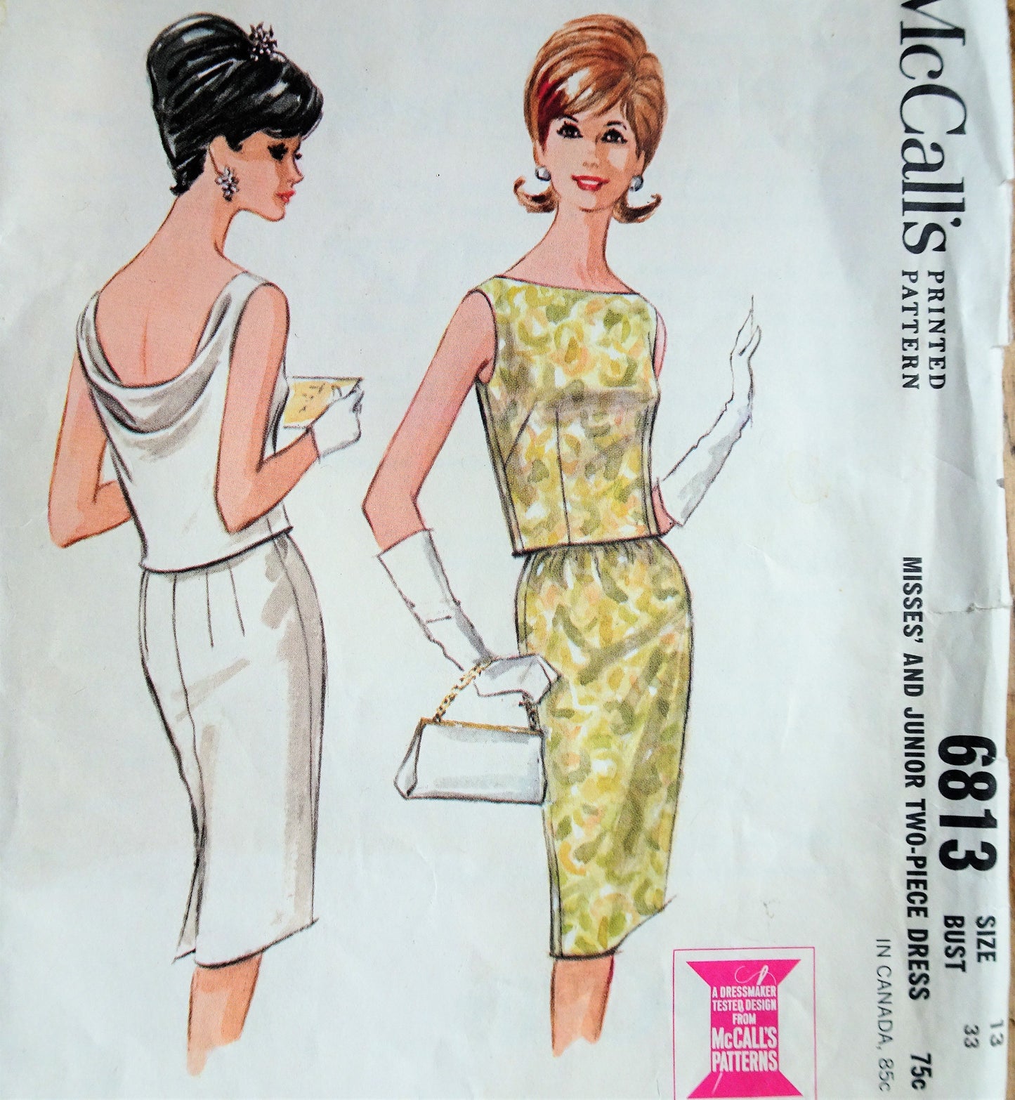 1960s CLASSY Cocktail Party Dress Pattern McCALLS 6813 Two Pc Slim Skirt and Beautiful Draped Cowl Back Top, Easy Elegance, Bust 33 Vintage Sewing Pattern
