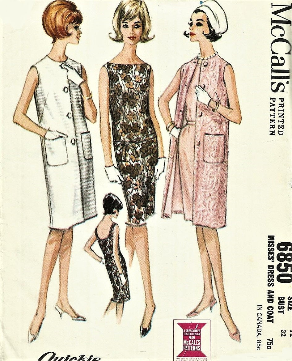 1960s Slim Shift and Sleeveless Coat Pattern McCALLS 6850 Easy To Sew 2 Dress Versions Bust 32 Vintage Sewing Pattern