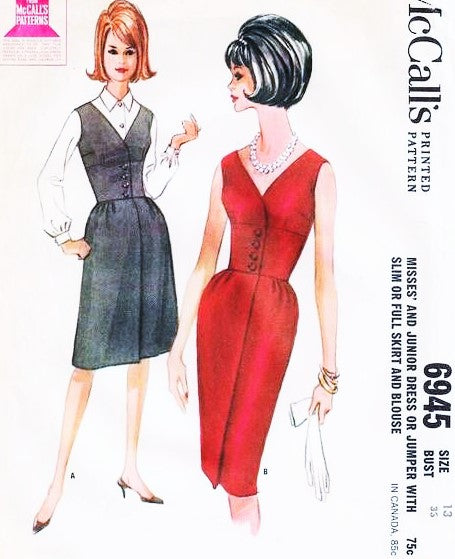 1960s LOVELY Cocktail Party Dress or Day Jumper Pattern McCALLS 6945 Slim Evening Dress or Flared Jumper Dress and Blouse Bust 33 Vintage Sewing Pattern FF