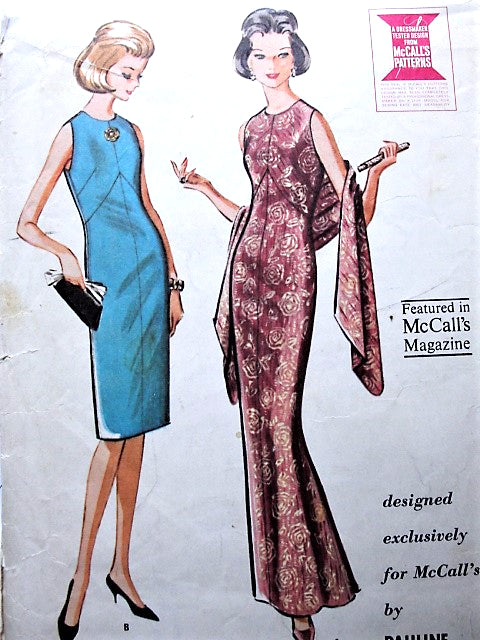 1960s CLASSY Pauline Trigere Slim Cocktail Dress or Evening Gown Pattern McCALLS 7037 Gorgeous Low Back Flare Evening Dress and Stole Bust 32 Vintage Sewing Pattern