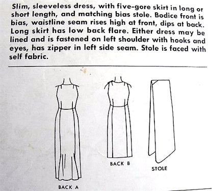 1960s CLASSY Pauline Trigere Slim Cocktail Dress or Evening Gown Pattern McCALLS 7037 Gorgeous Low Back Flare Evening Dress and Stole Bust 32 Vintage Sewing Pattern