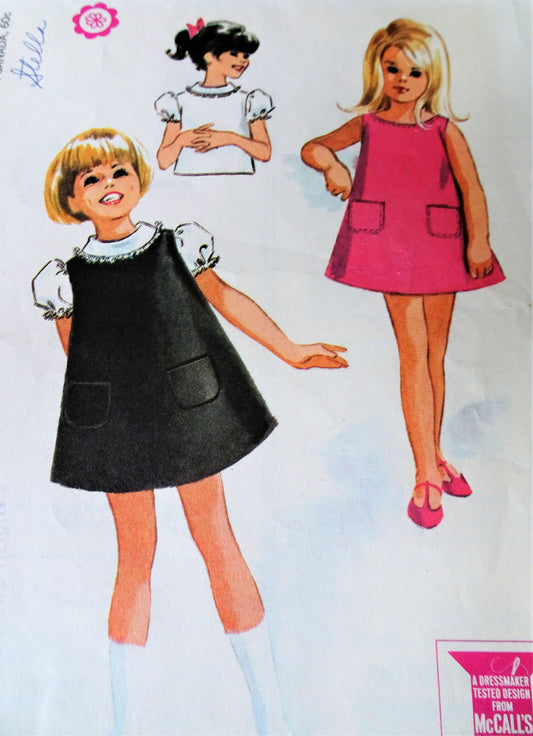 SWEET 1960s Little Girls Dress or Jumper and Puff Sleeve Blouse Pattern McCALLS 7358 Toddler Size 2 Vintage Childrens Sewing Pattern