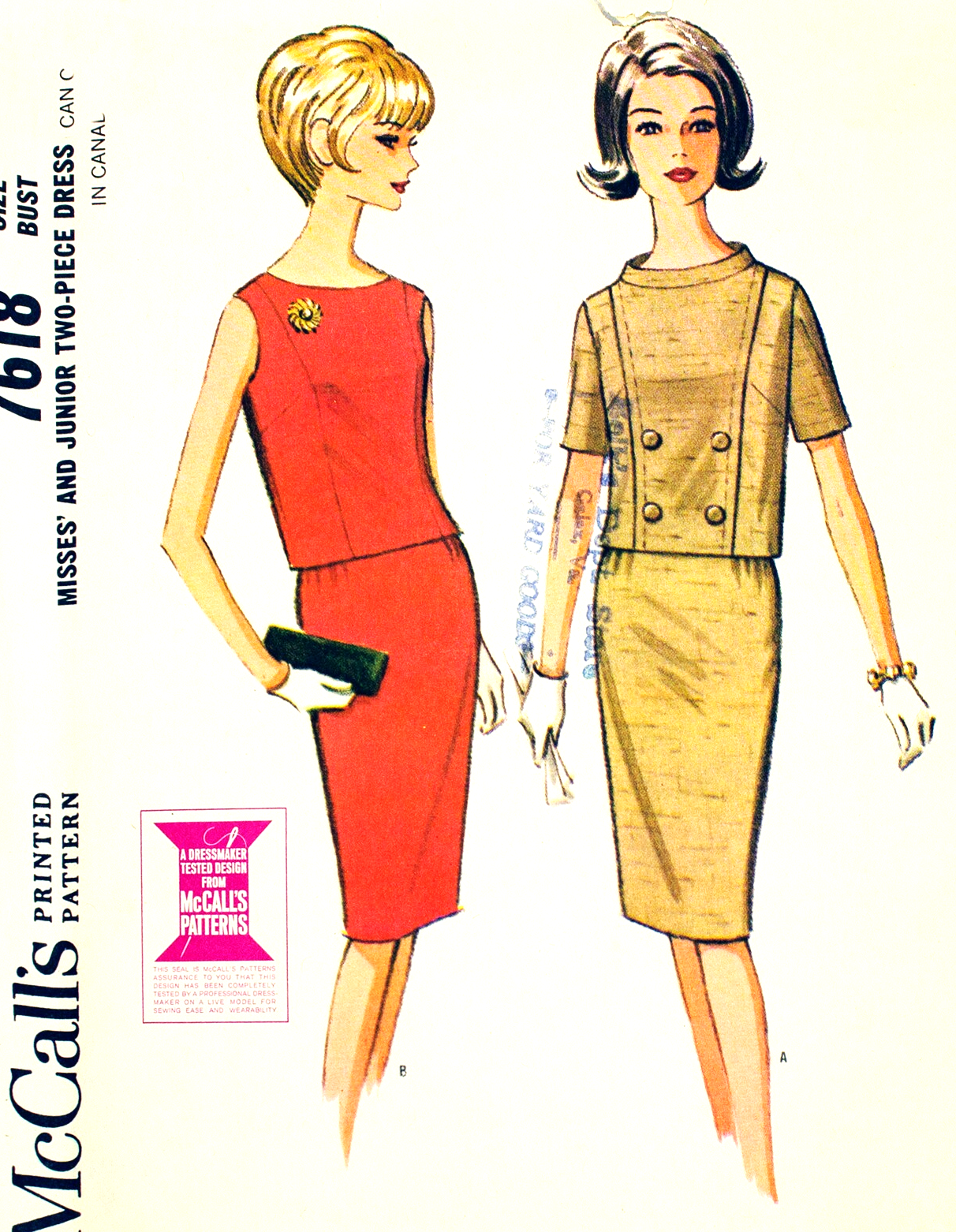 1960s CLASSY 2 Pc Dress Pattern McCALLS 7618 Two Lovely Style Versions, Bust 30 Vintage Sewing Pattern