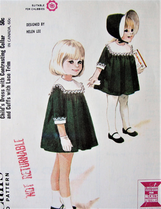 1960s CUTE Childs Dress with Collar and Cuffs Pattern McCALLS 7992 Designer Helen Lee Little Girls Dress Size 4 Vintage Sewing Pattern