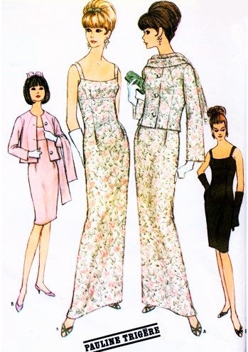 1960s CLASSY Pauline Trigere Evening Gown Cocktail Dress and Jacket, Scarf Pattern McCalls New York Designers 8076 Stunning Empire Slim Dress In 2 Lengths Bust 34 Vintage Sewing Pattern