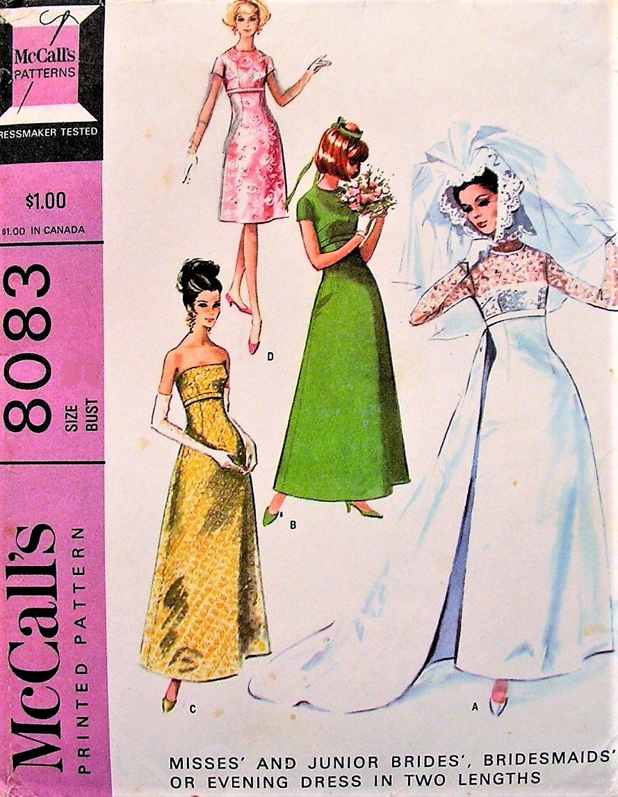1960s GORGEOUS Empire Wedding Dress Bridal Gown Pattern McCALLS 8083 Four Versions, Strapless Long Sleeve Classic Chic Wedding Bridesmaid Pageant Prom Dress Gown Bust 31 Vintage Sewing Pattern