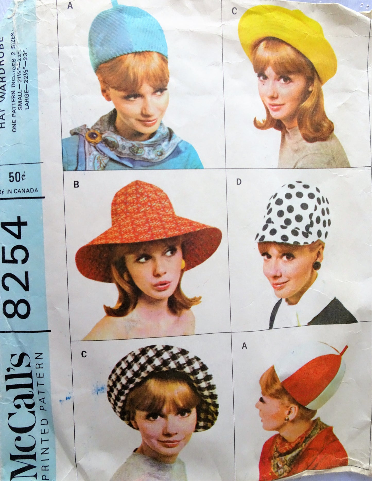 1960s MOD Hats Wardrobe Pattern McCALLS 8254 Six Hat Styles, Section Crown, Pillbox, Floppy Sunhat, Brim Hat, Jockey Cap, Turned Up Brim Vintage Sewing Pattern
