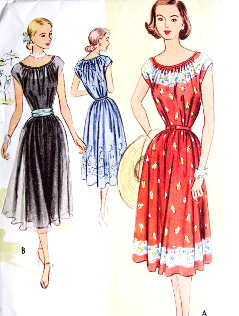 1950s Pretty Dress Pattern McCalls 8507 Peasant Style Neckline Day or Evening Party Dress Sheers or Border Fabrics Bust 30 Vintage Sewing Pattern