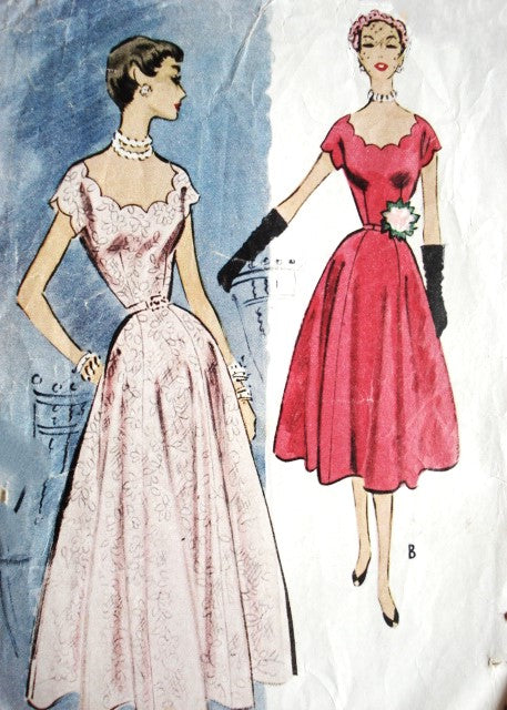 1950s ROMANTIC Evening Gown or Cocktail Party Dress Pattern McCALLS 8735 Pretty Scalloped Neckline and Sleeves, Bust 30 Vintage Sewing Pattern