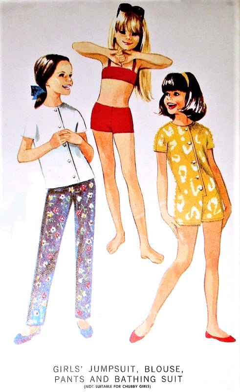 CUTE 60s Girls Jumpsuit, Rompers,Blouse, Pants and Bathing Suit Pattern McCALLS 8758 Sweet Styles Childrens Size 7 Vintage Sewing Pattern