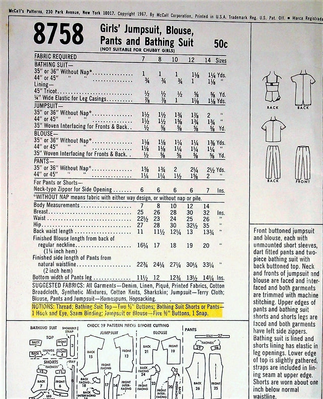 CUTE 60s Girls Jumpsuit, Rompers,Blouse, Pants and Bathing Suit Pattern McCALLS 8758 Sweet Styles Childrens Size 7 Vintage Sewing Pattern