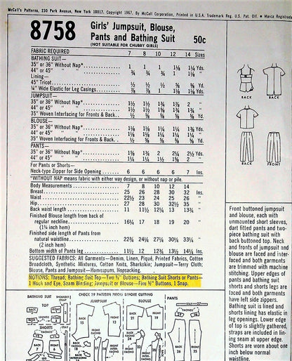 CUTE 60s Girls Jumpsuit, Rompers,Blouse, Pants and Bathing Suit Pattern McCALLS 8758 Sweet Styles Childrens Size 7 Vintage Sewing Pattern