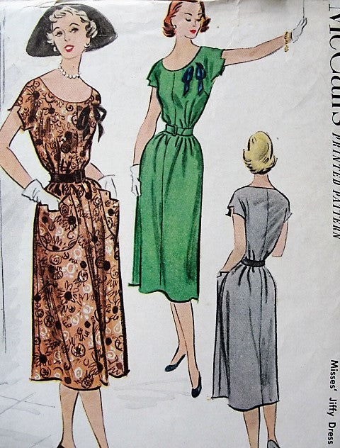 1950s CUTE Jiffy Dress Pattern McCALLS 8758 Easy To Sew Slim Loose Dress With Belt 2 Versions Bust 28 Vintage Sewing Pattern FACTORY FOLDED