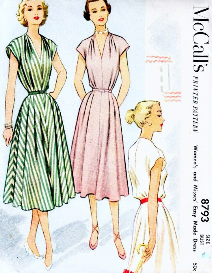 1950s LOVELY Dress Pattern McCALLS 8793 Draped Shoulders V Neckline Dress, Bust 30 Vintage Sewing Pattern