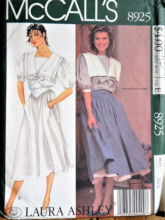 1980s ROMANTIC Laura Ashley Blouse and Skirt Pattern McCALLS 8925 Cute Sailor Collar Blouse, Lovely Full Skirt, Bust 32 Vintage Sewing Pattern