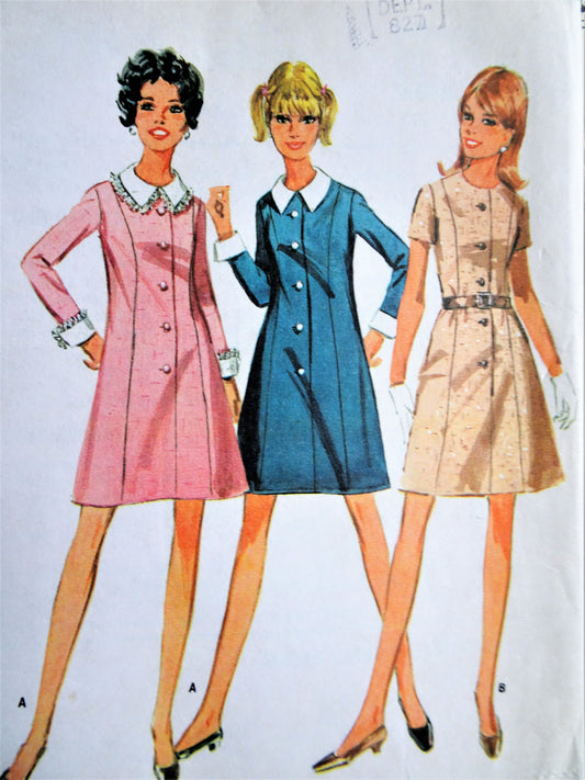 MOD 1960s Front Button Dress Pattern McCALLS 9232 Two Style Versions Bust 34 Vintage Sewing Pattern FF