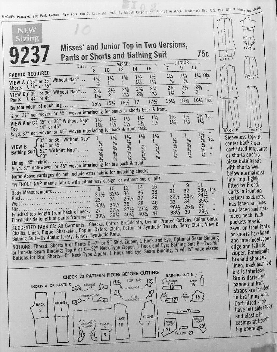 1960s BEACH WEAR Pattern McCALLS 9237 Cute Top in Two Versions, Pants or Shorts and Bathing Suit, Bust 36 Vintage Sewing Pattern UNCUT