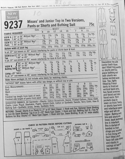 1960s BEACH WEAR Pattern McCALLS 9237 Cute Top in Two Versions, Pants or Shorts and Bathing Suit, Bust 36 Vintage Sewing Pattern UNCUT