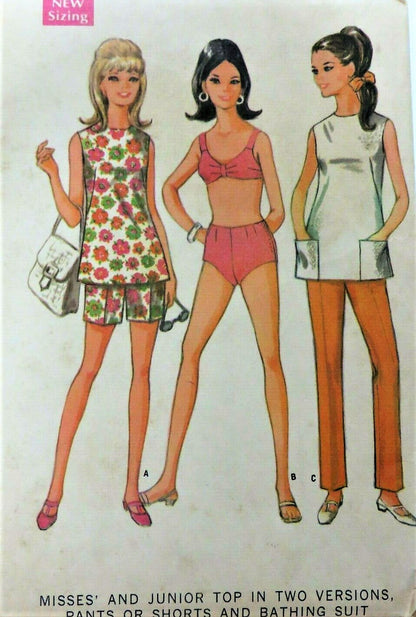 1960s BEACH WEAR Pattern McCALLS 9237 Cute Top in Two Versions, Pants or Shorts and Bathing Suit, Bust 36 Vintage Sewing Pattern UNCUT