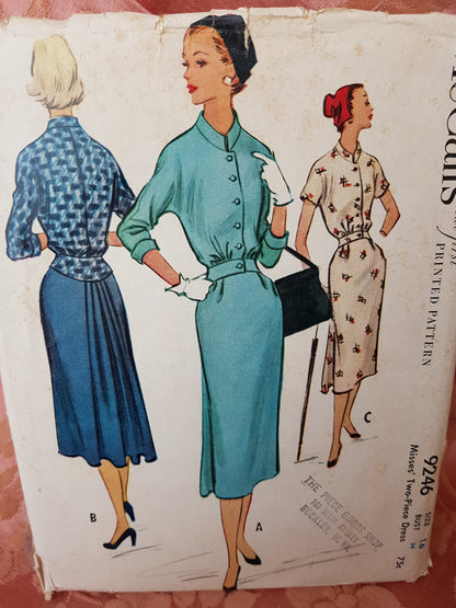 1950s STUNNING 2 Pc Dress Pattern McCALLs 9246 Flattering Slim Front Flattering Pleated Back, Bust 34 Vintage Sewing Pattern