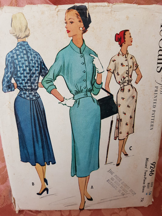 1950s STUNNING 2 Pc Dress Pattern McCALLs 9246 Flattering Slim Front Flattering Pleated Back, Bust 34 Vintage Sewing Pattern