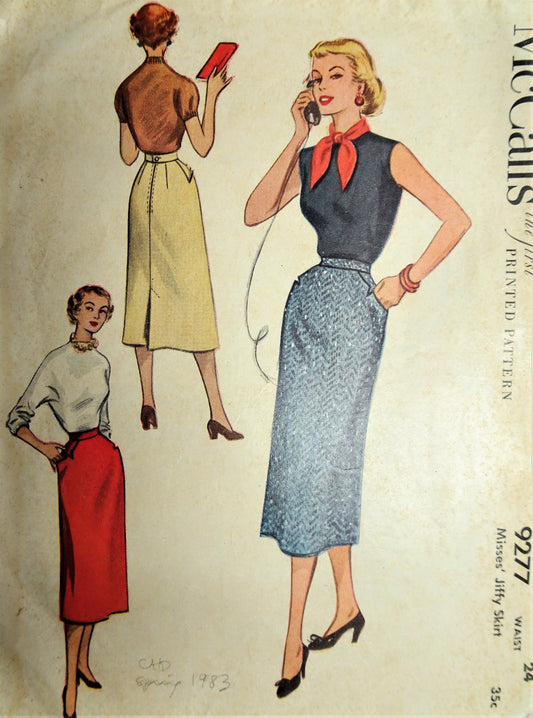 1950s CLASSY Slim Skirt Pattern McCALLS 9277 Very Marilyn Monroe Style Jiffy Skirt Waist 24 Vintage Sewing Pattern