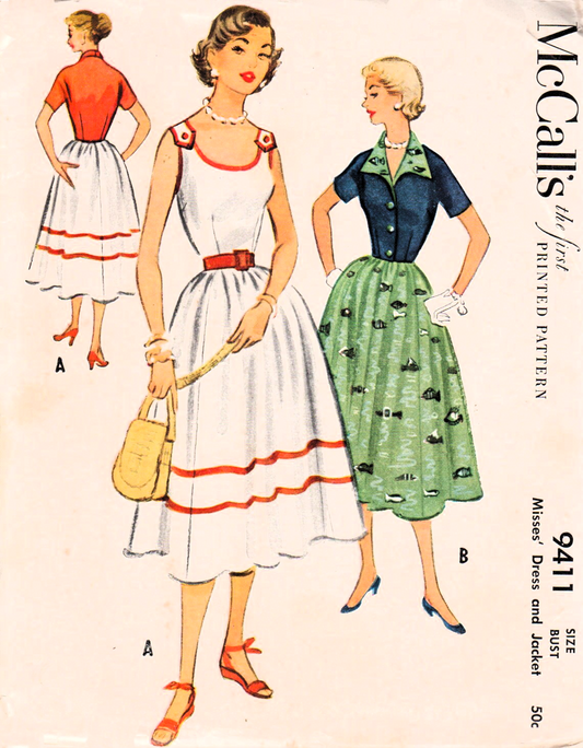 1950s LOVELY Dress and Jacket Pattern McCALLS 9411 Very Pretty Sun Dress Bust 34 Vintage Sewing Pattern