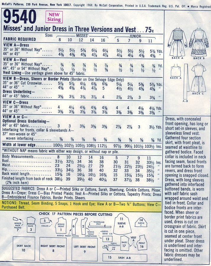 1960s LOVELY Day or Party Dress and Vest Pattern McCALLS 9540 Three Style Versions Bust 38 Vintage Sewing Pattern UNCUT
