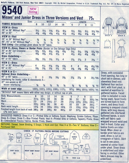 1960s LOVELY Day or Party Dress and Vest Pattern McCALLS 9540 Three Style Versions Bust 38 Vintage Sewing Pattern UNCUT