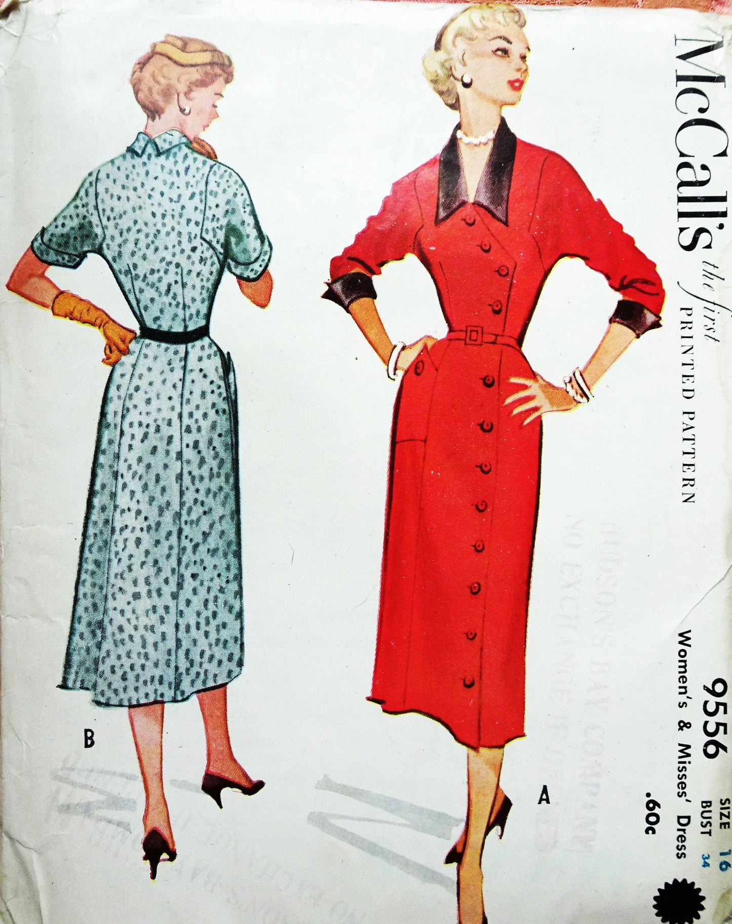 1950s STYLISH Slim Dress Pattern McCALLS 9556 Front Side Button,Interesting Details Bust 34 Vintage Sewing Pattern