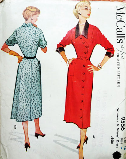 1950s STYLISH Slim Dress Pattern McCALLS 9556 Front Side Button,Interesting Details Bust 34 Vintage Sewing Pattern