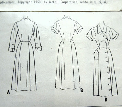 1950s STYLISH Slim Dress Pattern McCALLS 9556 Front Side Button,Interesting Details Bust 34 Vintage Sewing Pattern