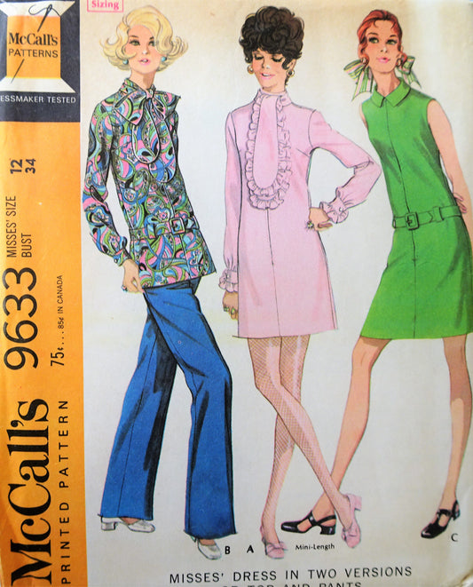 1960s MOD Dress in Two Versions or Top and Pants Pattern McCALLS 9633 Cute Styles Bust 34 Vintage Sewing Pattern FACTORY FOLDED