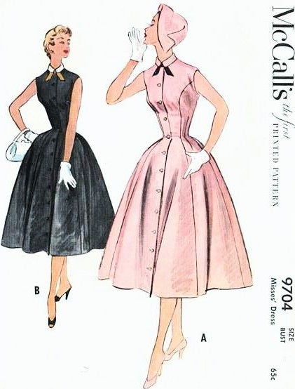 1950s LOVELY Princess Seam Fit n Flare Dress Pattern McCALLS 9704 Front Button Sleeveless Dress Bust 30 Vintage Sewing Pattern