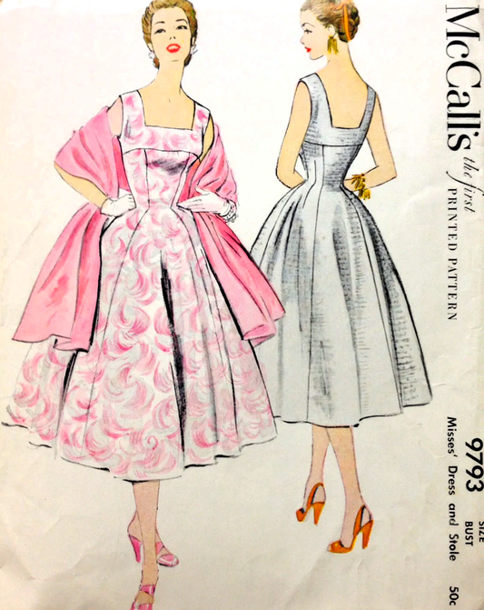 1950s BEAUTIFUL Evening Party Dress Pattern McCALLS 9793 Lovely  Figure Flattering Cocktail Party Dress Bust 32 Vintage Sewing Pattern