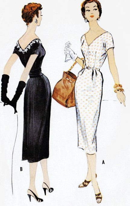 1950s Day or Evening Cocktail Dress Pattern McCalls 9818 Bombshell Wiggle Dress V Necklines Cummerbund Bust 32 Vintage Sewing Pattern