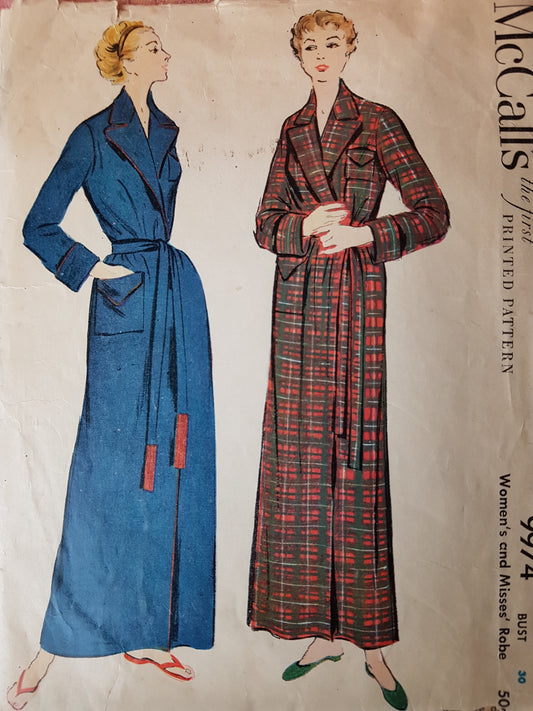 CLASSIC 1950s Robe House Coat Pattern McCALLS 9974 Stylish Wide Lapel Brunch Coat Slim Lines, Bust 30 Vintage Sewing Pattern