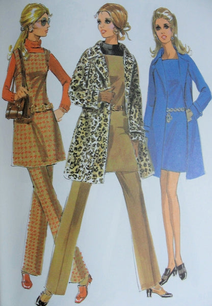 MOD 60s McCalls 2059 Fabulous Wardrobe, Wrap Coat Trench, Jumper Tunic or Mini Dress, Pants Perfect Travel Wardrobe UNCUT Bust 31 Vintage Sewing Pattern