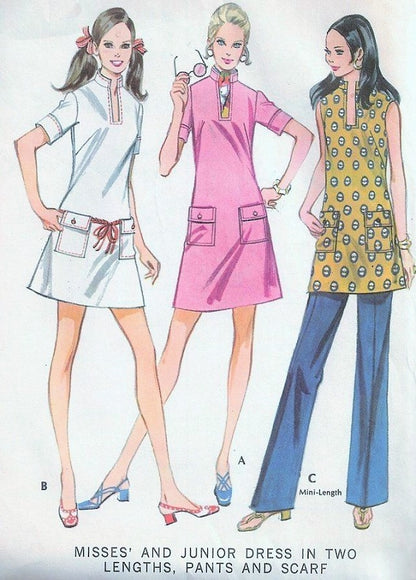 Mod 60s McCalls 2245 Vintage Sewing Pattern Low Narrow Neck Mini or Regular Dress , Scarf, Tunic Top and Pants  UNCUT FACTORY FOLDED