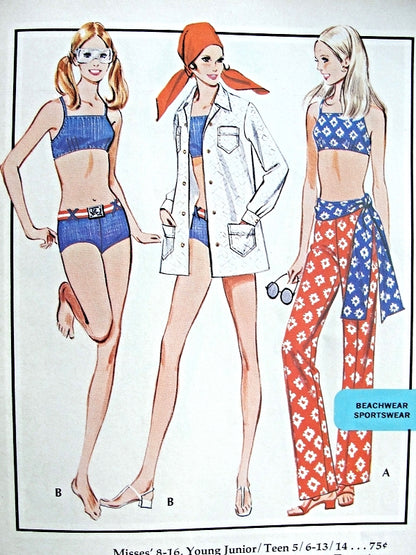 1970s Beach Wear Pattern McCalls 2363  Bond Girl 2 Pc Swim Suit , Bathingsuit Cover Up Shirt, Pants and Sash Bust 31 Vintage Sewing Pattern FF
