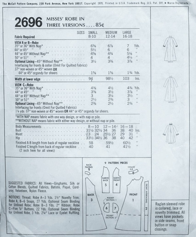 1970s Housecoat Bath Robe Hostess Brunch Coat Pattern McCalls 2696 Three Style Versions Classic Designs Vintage Sewing Pattern FACTORY FOLDED